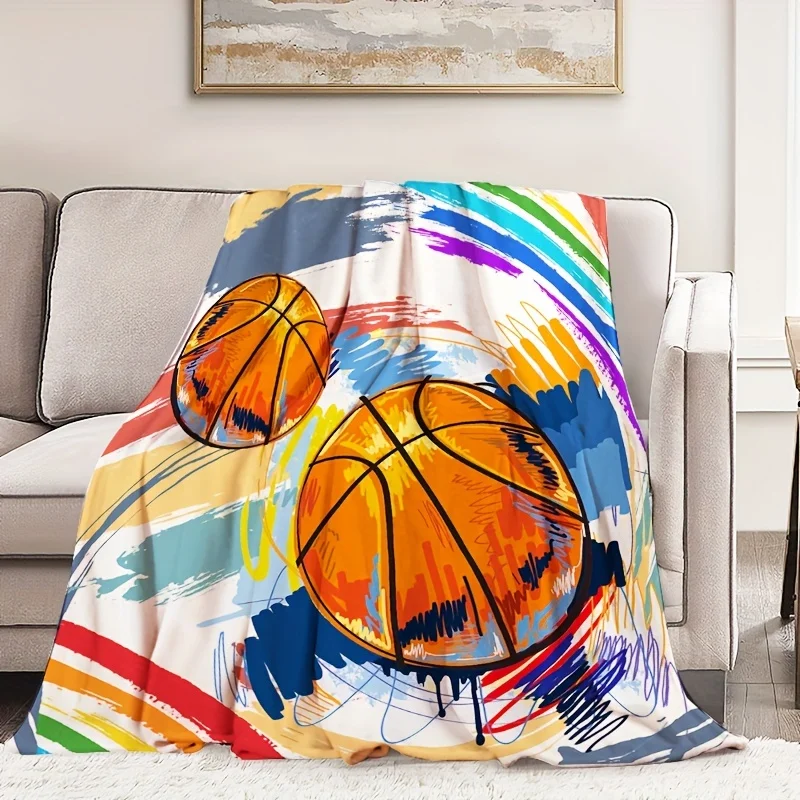 1pc Flannel Throw Blanket, Creative Basketball Pattern Printed Blanket, Warm Cozy Soft Blanket For Couch Bed Sofa Car Office Cam
