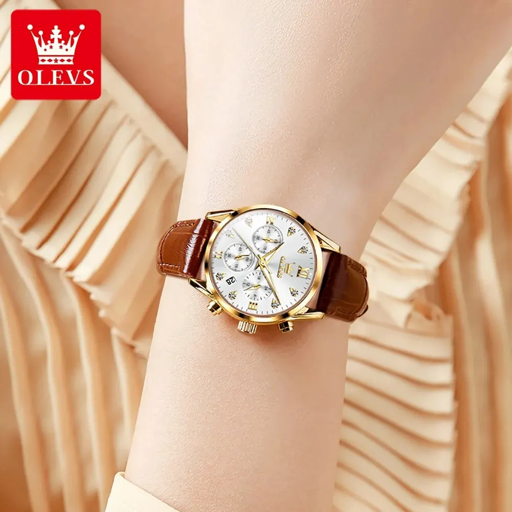 OLEVS 5523 Top Original Luxury Quartz Watch for Women Leather Strap Waterproof Luminous Chronograph Elegant Ladies Wristwatches