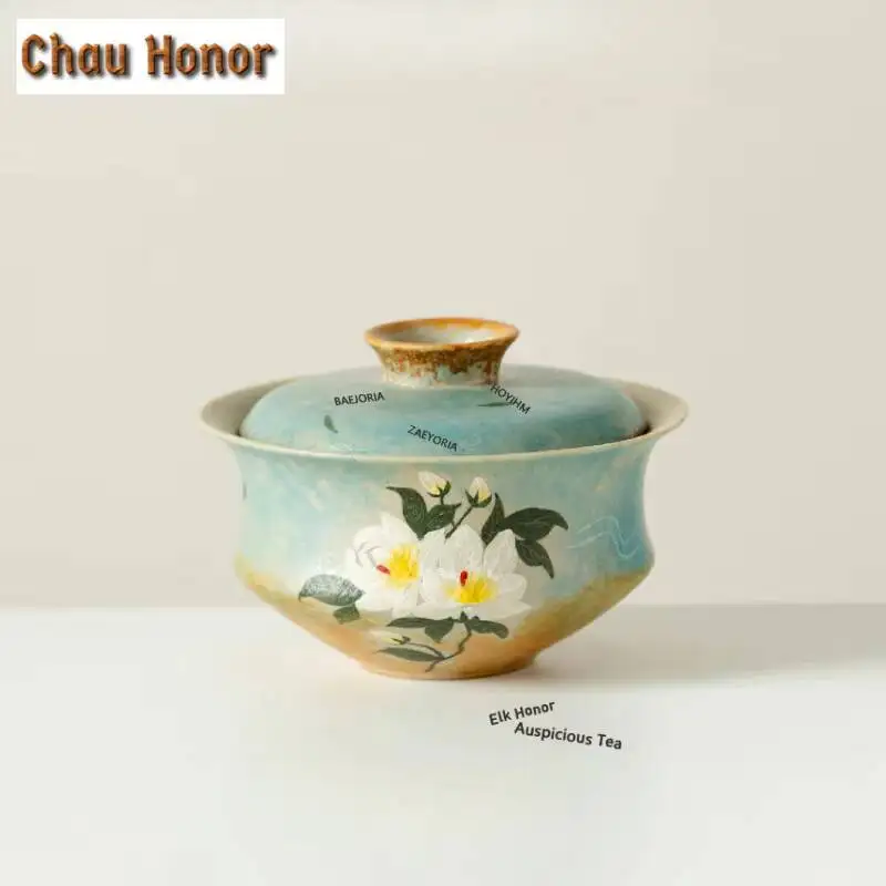 ZAEYORIA 120ml Hand-painted Gardenia Flower Gaiwan Aesthetic Tea Tureen Tea Bowl With Lid Kit Tea Brewing Cover Bowl Drinkware