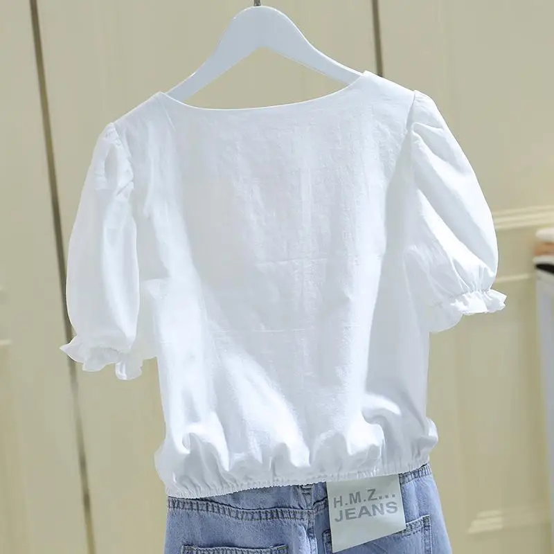 2025 Summer New Style of Loose Puff Sleeve Waist Top Square Collar French Shirt for Women
