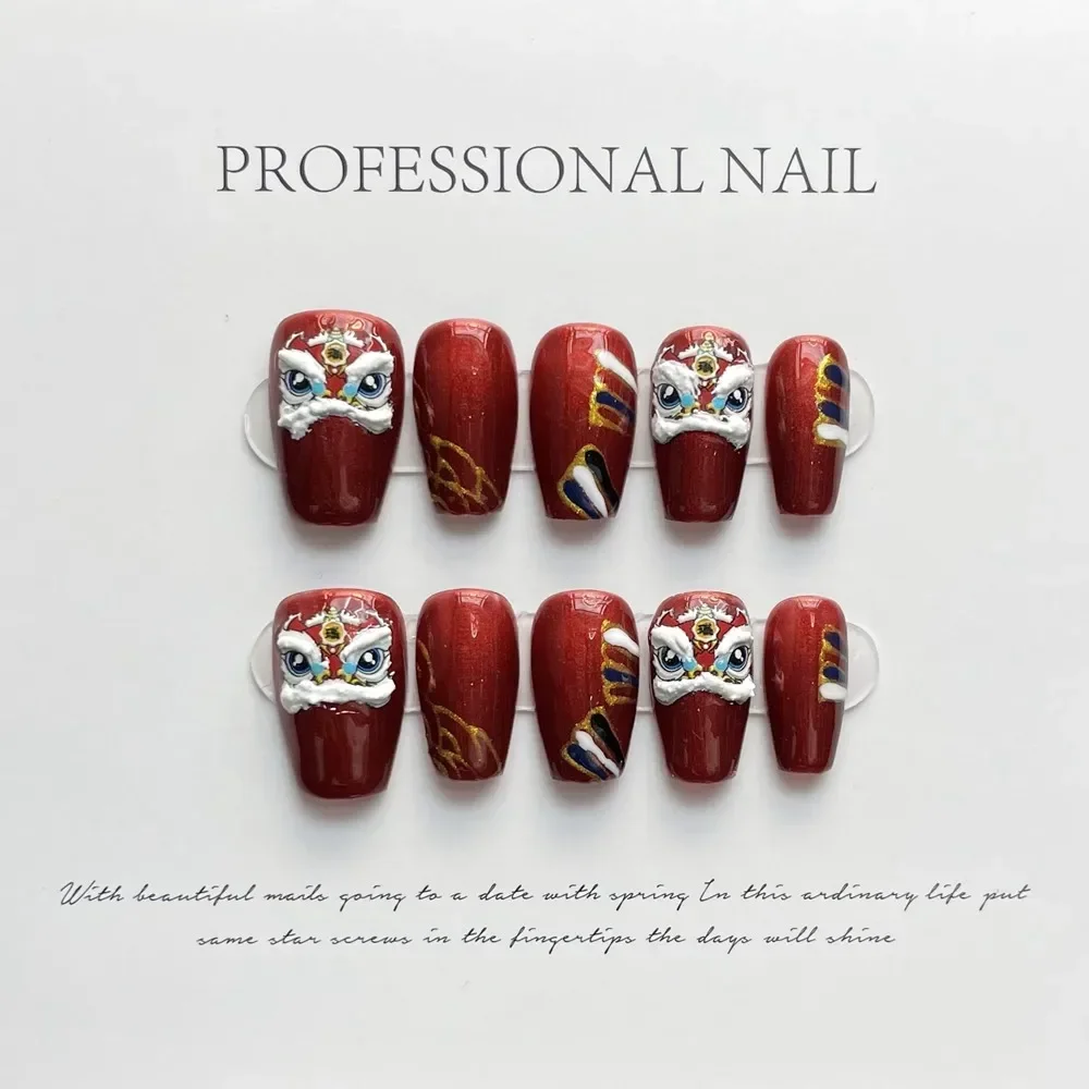 Handmade Short Chinese Lion Dancing Press on Nails Kawaii Design Reusable Adhensive Artifical False Nail Tips Nail Art for Girl