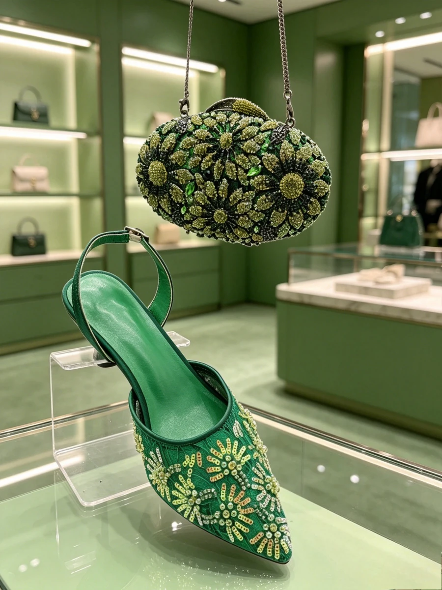 Zapatos de Tacón Puntiagudos con Encaje Verde Oliva, Pedrería Floral y Cadena de Flores, Bolso de Mano con Cristales, Elegantes Zapatos de Fiesta de Boda, Zapatos de Lujo
