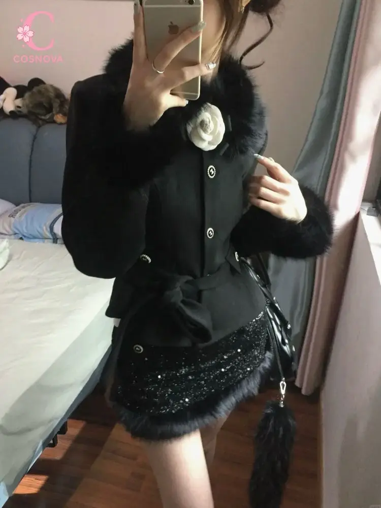 Elegant Princess 2 Piece Set Women Winter Fur Trim Bow Tie Waist Wool Coat Sequin Mini Skirt Slim Fit Dress Elegant Outfit 2026