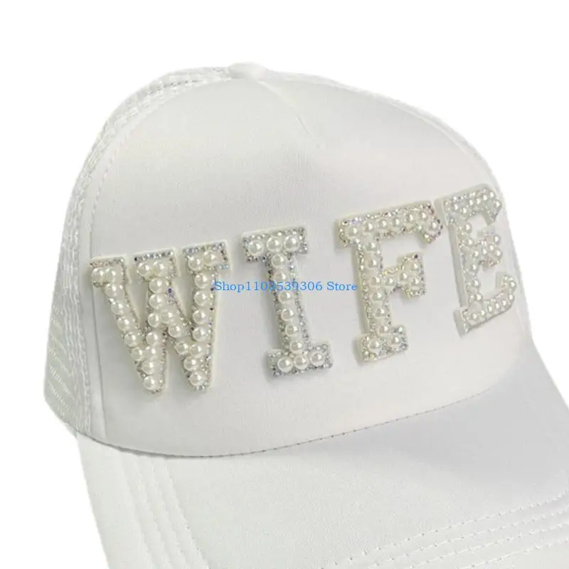 400A لؤلؤة رسالة الزفاف قبعة بيسبول السيد السيدة الأزواج الزفاف قبعة واقية من الشمس للعروس الزفاف دش طويل حافة قبعة شهر العسل