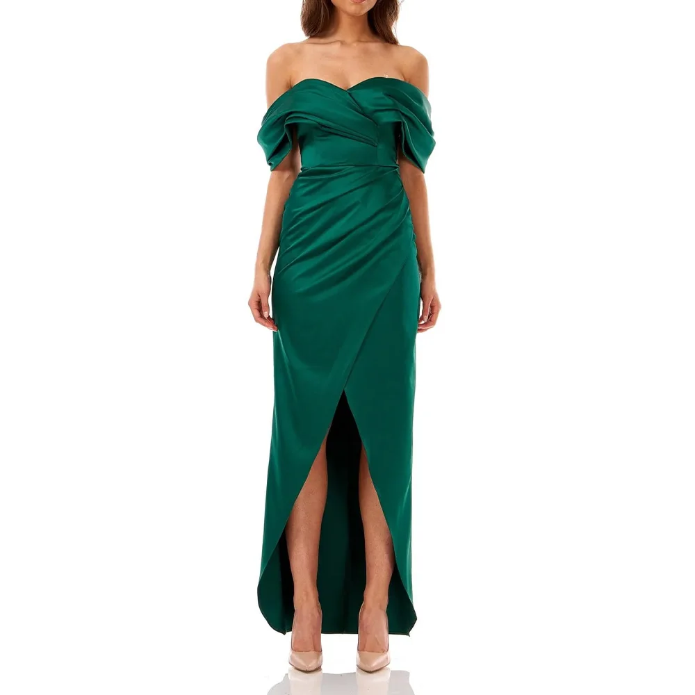 

Women's Prom Dresses Emerald Green Satin Off the Shoulder Prom Gowns Maxi Sweetheart Criss-Cross Split Sexy Evening Party Dress