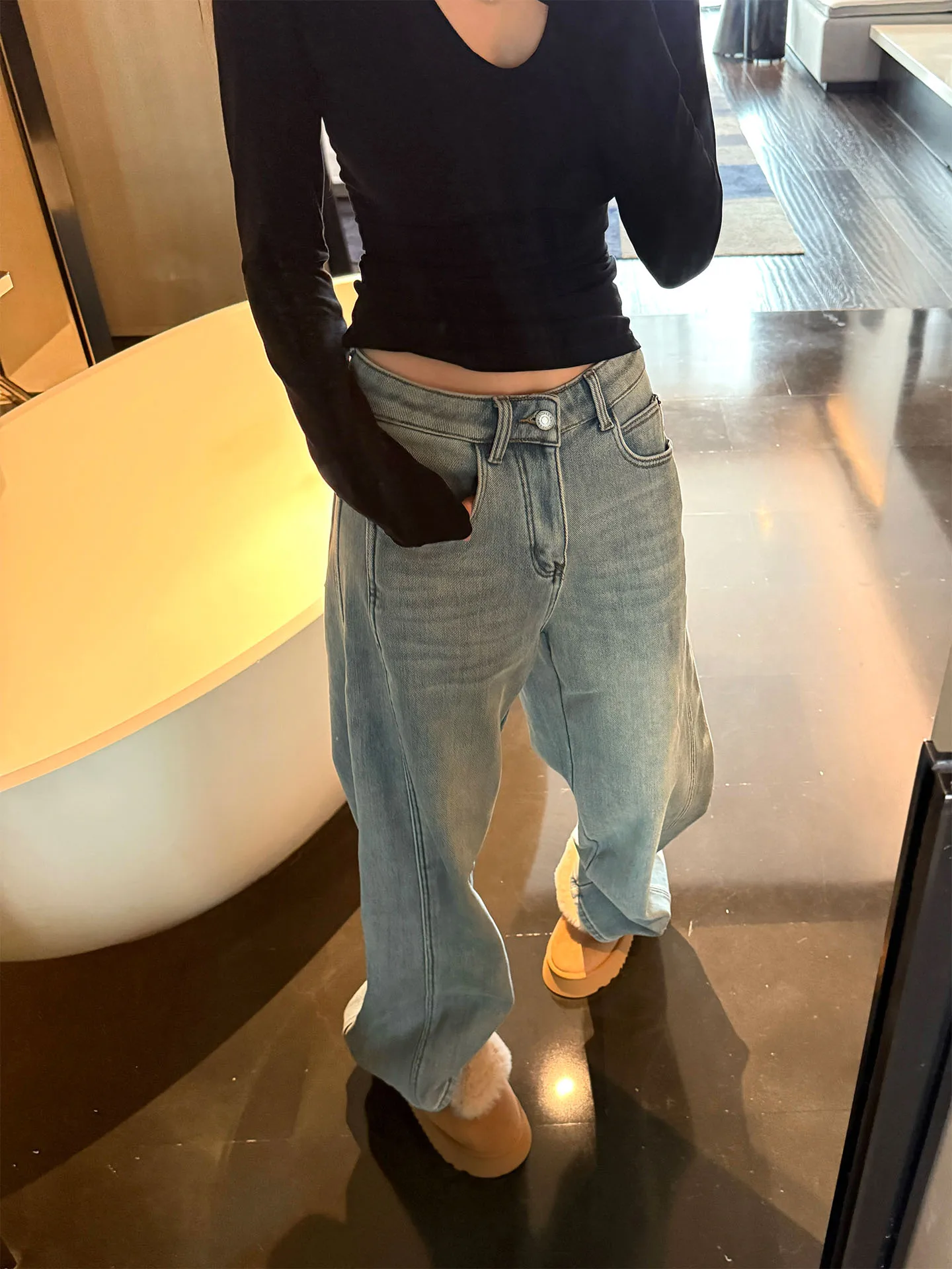 

Fce Lined Silver Velvet Floor Length Straight Leg Jeans Women's New 2025 American Retro Sle l Waist Jeans