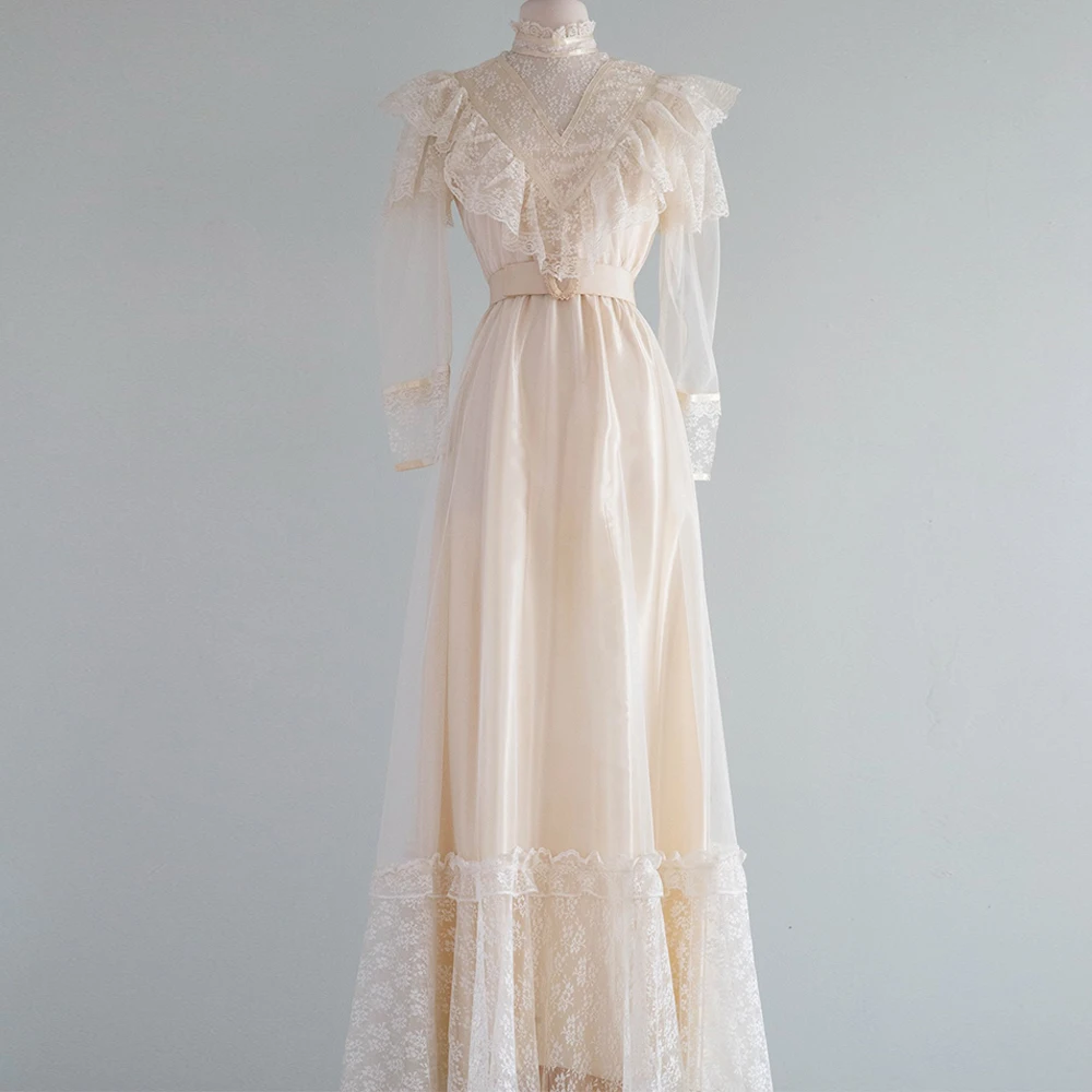 Customized Exquisite Ivory Jersey Evening Dress Temperament High Neckline Long Sleeves Buttons Back Bespoke Occasion