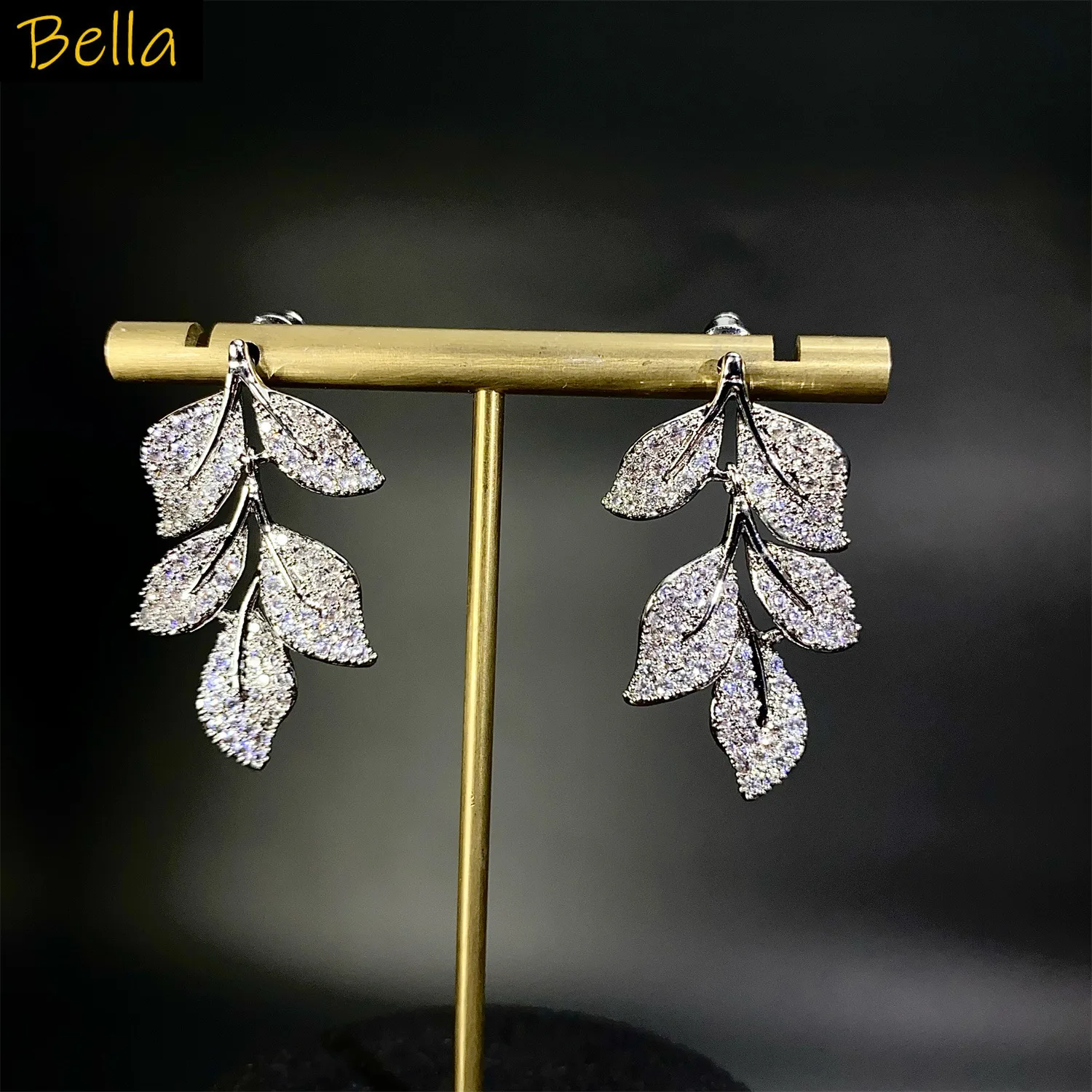

silver color zirconia leaf earrings for women luxury jewelry elegant dinner party dangling earrings