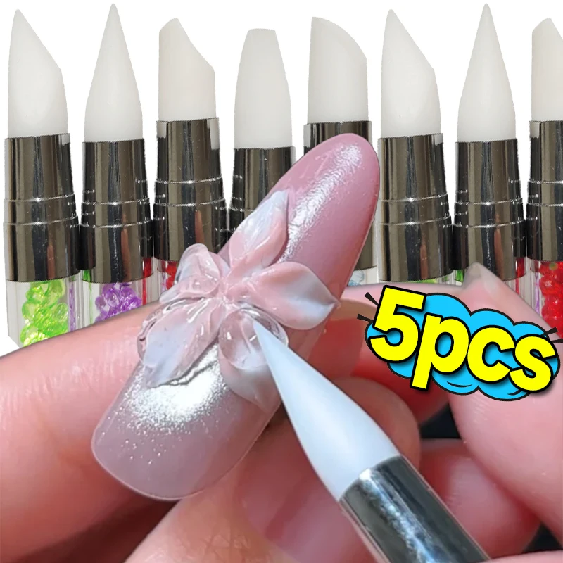 

1/5PCS Dual Ended Sculpture Nail Pen Nail Polish 3D Flower Carving Pen Rhinestone Nails Silicone Pen Brushes Dotting Nail Tool