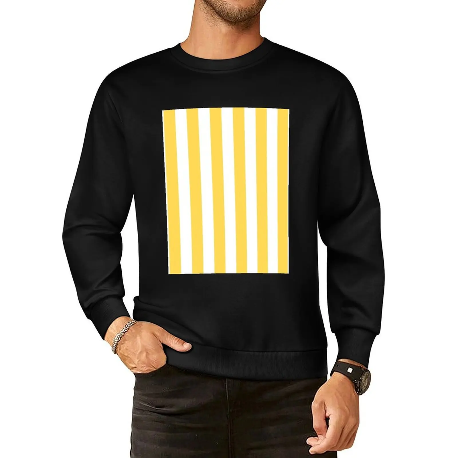 

Yellow and White Vertical Stripes Pullover Hoodie autumn jacket men men's sweat-shirt set men sweatshirt