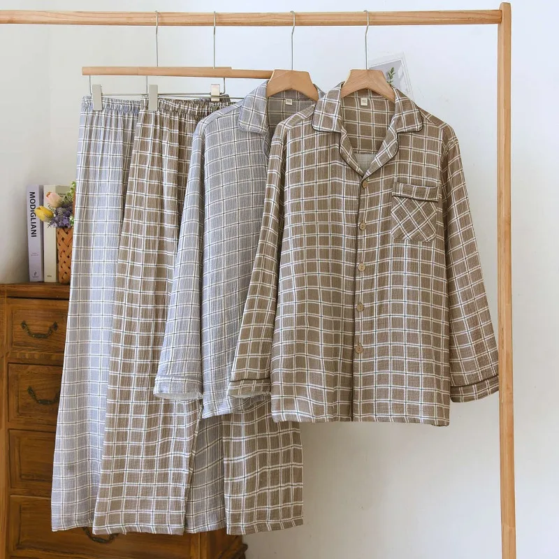 

Новый мужской пижамный комплект из 100% хлопкового крепа, весна-осень 2026, большие размеры, в клетку, с длинным рукавом, из двух предметов, для дома