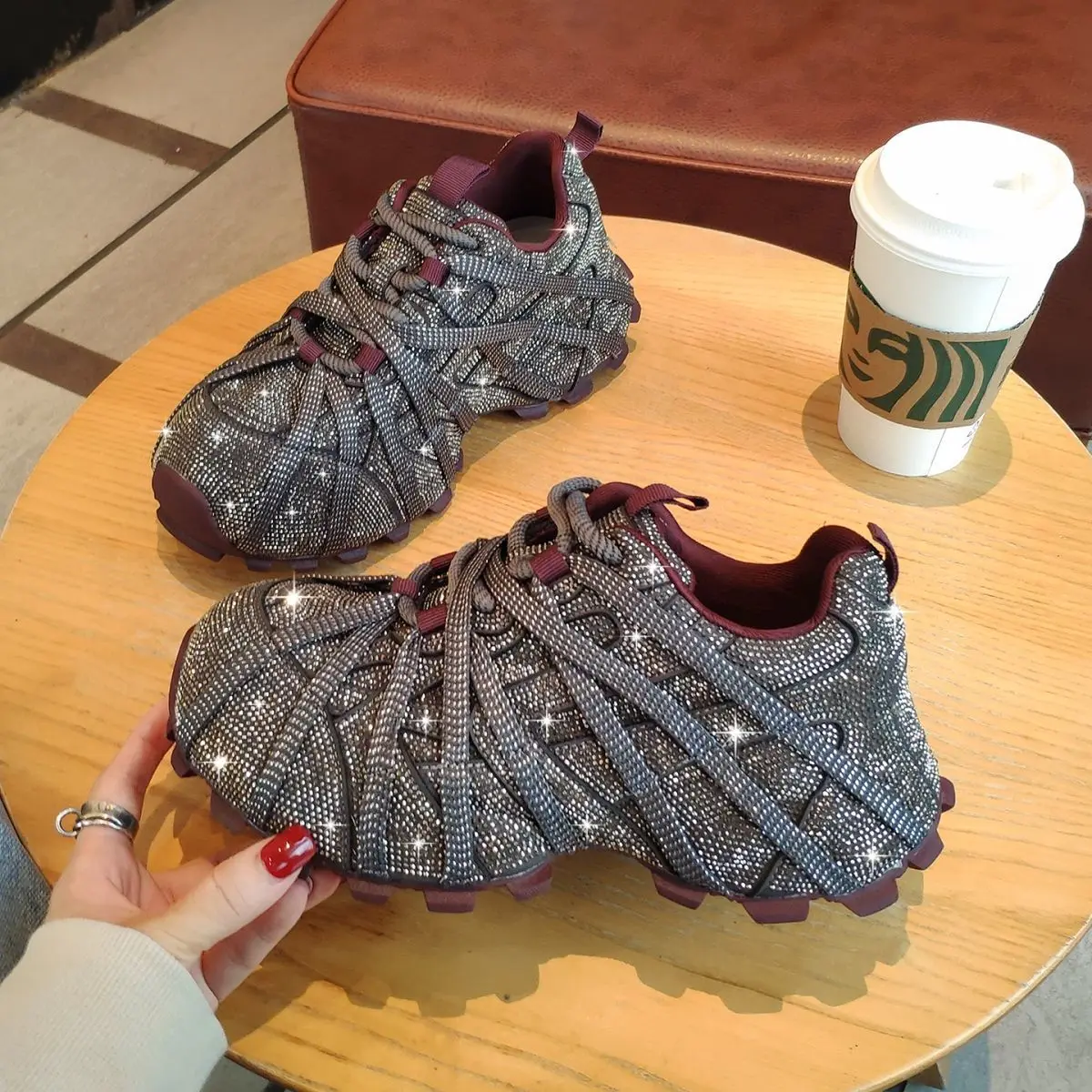 Starry Sky Rhinestone Chunky Sneakers Women New Flat Platform Spider Strap Casual Sports Shoes Female Students Trendy Footwear
