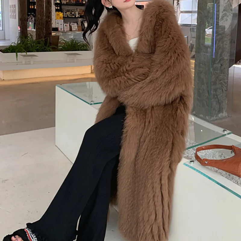 2022 New Arrival Women Fashion Imported  Real Fox Fur Double-sided Knitted Long Fur Coat Hooded