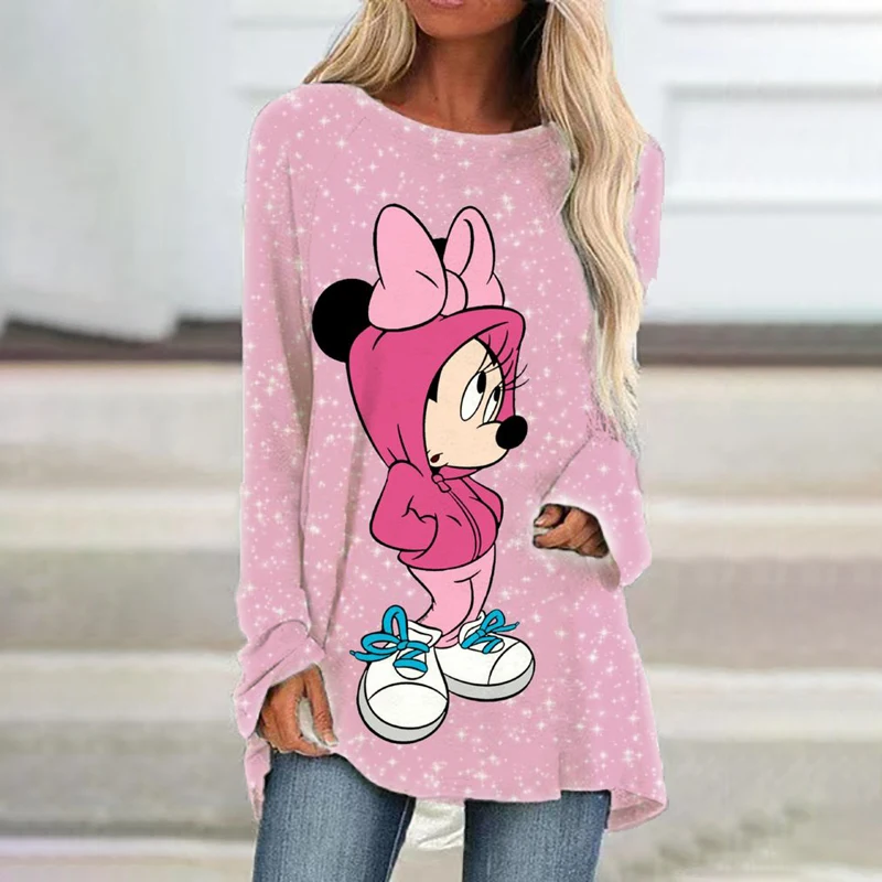 2024 Autumn Street New Slim Fit 3D Printed Women's Long Sleeve Round Neck Minnie Fashion Casual Cute Raglan Sleeve T-Shirt y2k