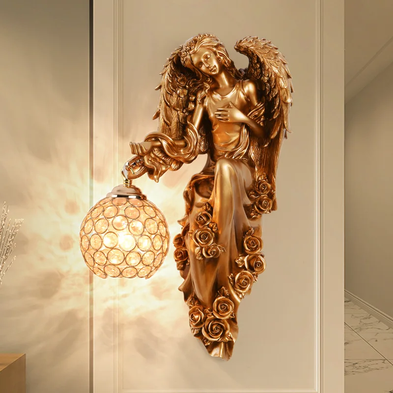 

European Retro Resin Angel LED Wall Lamps Corridor Aisle Villa Living Room Background Indoor Creative Personality Decor Lighting