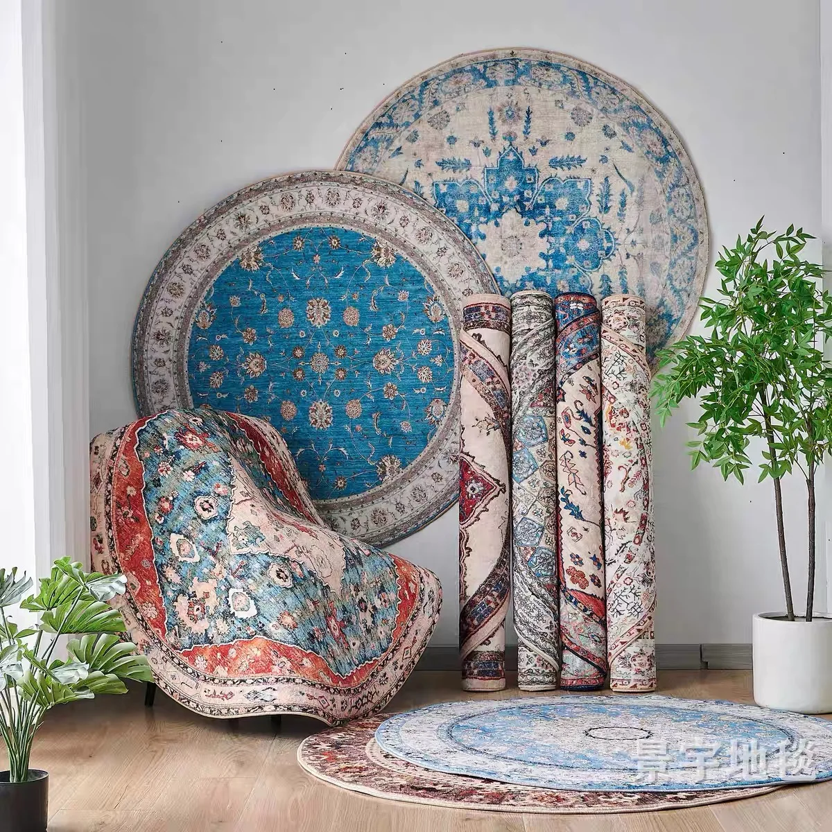 VIKAMA Runder Teppich, neuer chinesischer Retro-Couchtisch, Teppich, Schaukelstuhl, Bodenmatte, schmutzabweisend, rutschfeste Matte, Heimdekoration