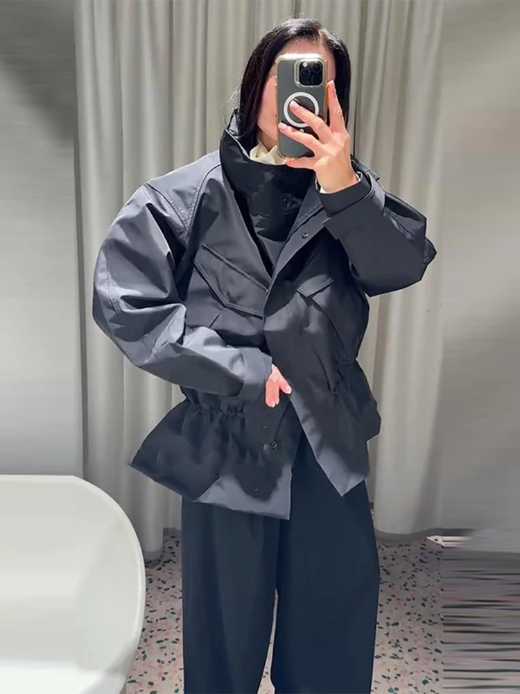 Stehkragen Langarm Oversize-Jacken für Damen Streetwear Große Taschen Kordelzug Taillenschnürung Schlanke Mäntel Frühling Damen-Oberbekleidung – Detail 20