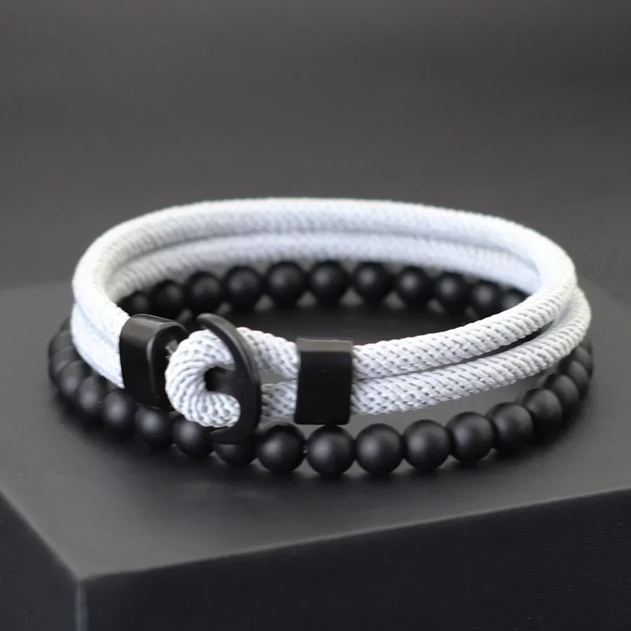 أنيق مرساة 2 قطعة/المجموعة سوار الرجال حجر العقيق الطبيعي مطرز طبقة مزدوجة 4 مللي متر الصف حبل براكليت سحر تصفح أوم مجوهرات