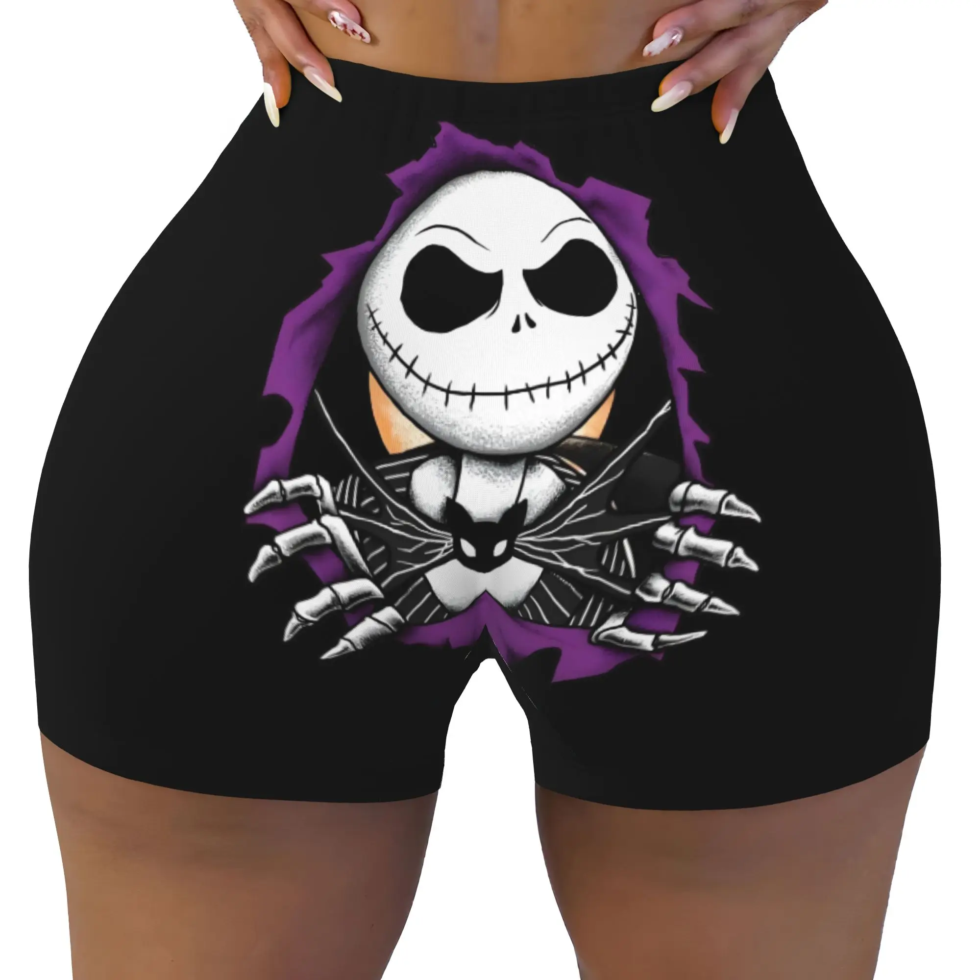 Custom Skellingtones Skull Biker Running Gym Shorts for Women Halloween Athletic Workout Yoga Shorts