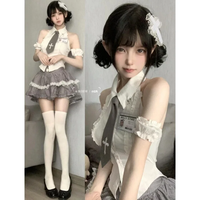 Japanese Sweet Preppy Style Outfits 2 Piece Set Women Vintage Kawaii Lace Patchwork Tops + Y2k Plaid Slim Mini Skirt Female New