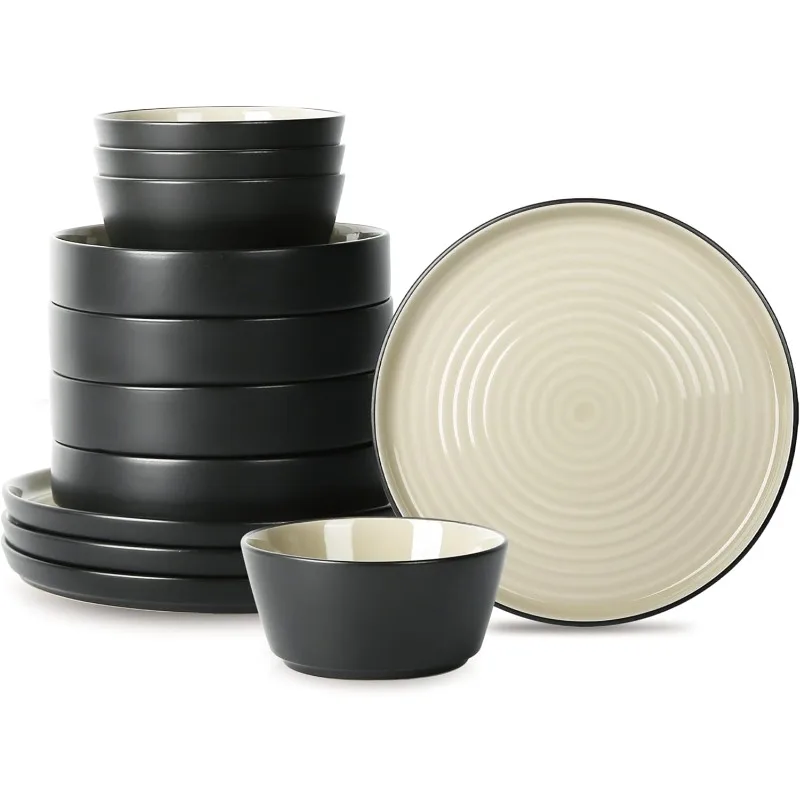 Elica 12-Piece Modern Dinnerware Set Stoneware, Plates and Bowl Sets for 4, Beige and Black