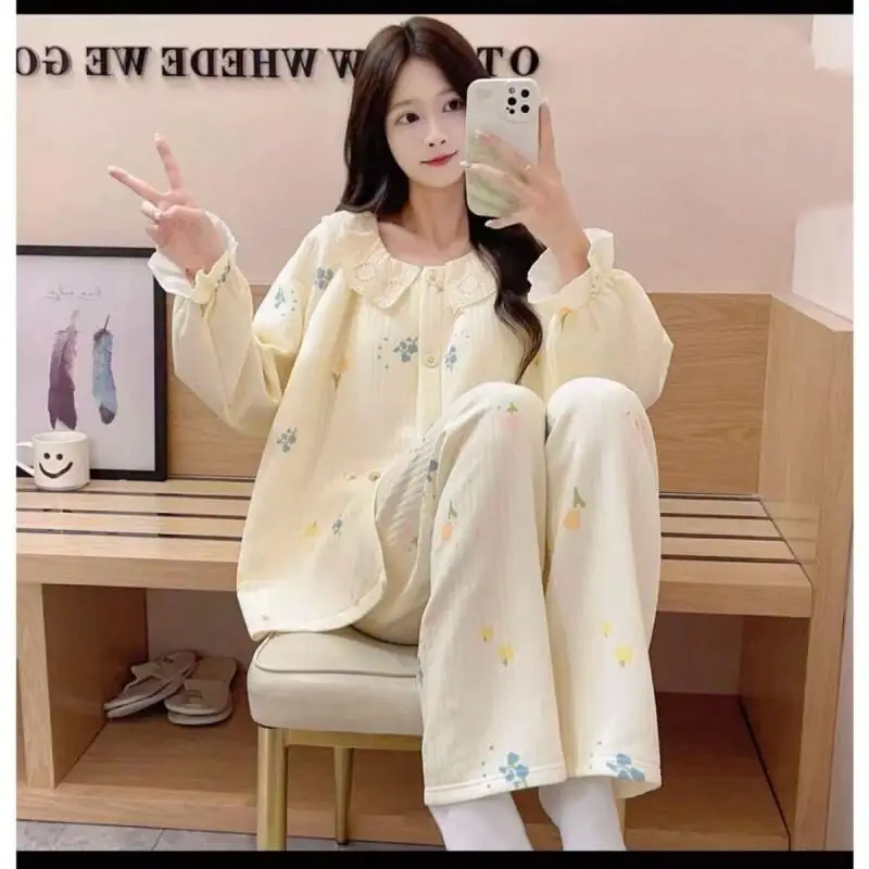 

Новый популярный комплект пижамы-кардигана для инфлюенсеров: утепленный, из хлопка, с подкладкой, для женщин больших размеров, домашняя одежда, теплый, осенне-зимний, популярный