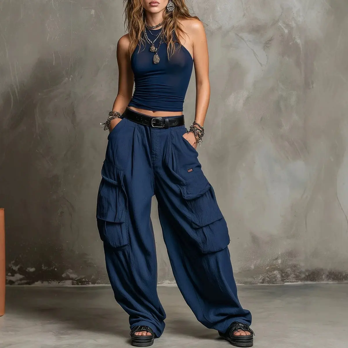 

Women 2 Piece Outfits Sleeveless Halter Crop Tank Top High Waist Multi Pocket Baggy Cargo Pants Y2K Street Matching Tracksuit