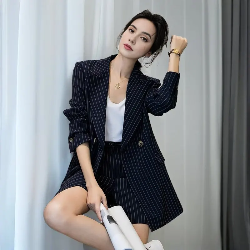 New 2024 Spring Blazer For Women 2 Piece Set Korean Fashion Design Casual Striped Coat And Shorts Sets Women Outwears Hot Sale