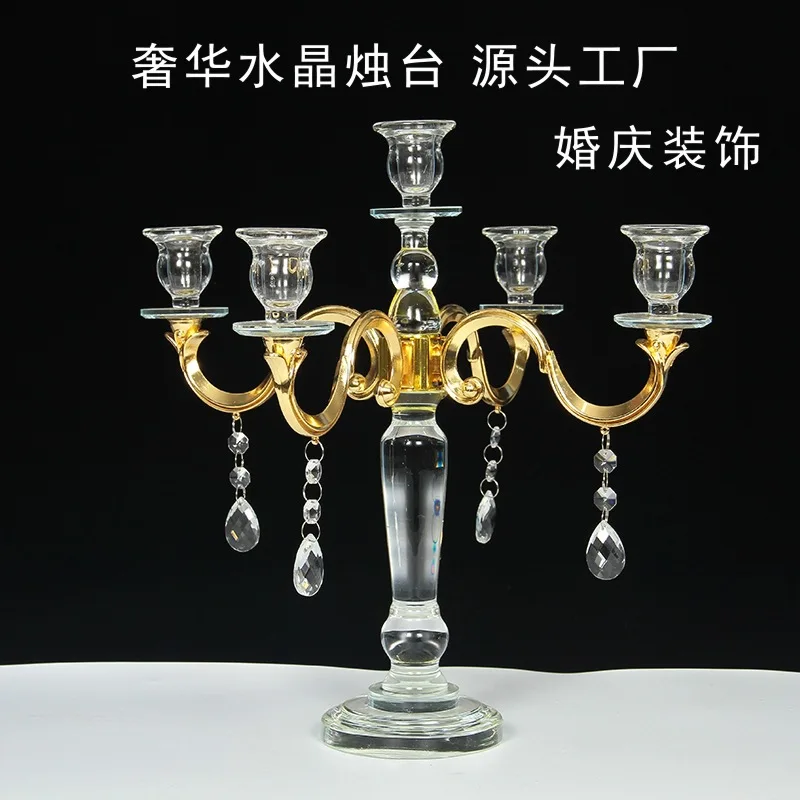 European 5-head crystal candlestick wedding high-end decorative ornament glass candlestick hotel table props