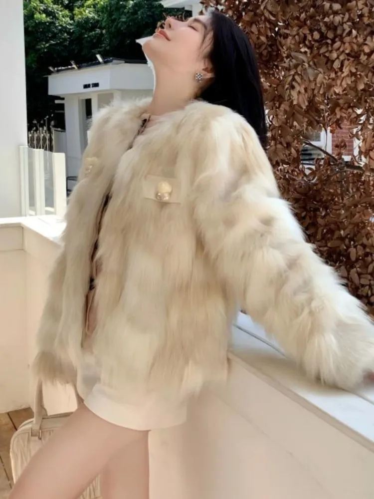 

Fall and Winter New Women Tops Coats Elegant Faux Fur O-neck Long-sleeved Short Coat Korean Fashion Chic Business Jackets