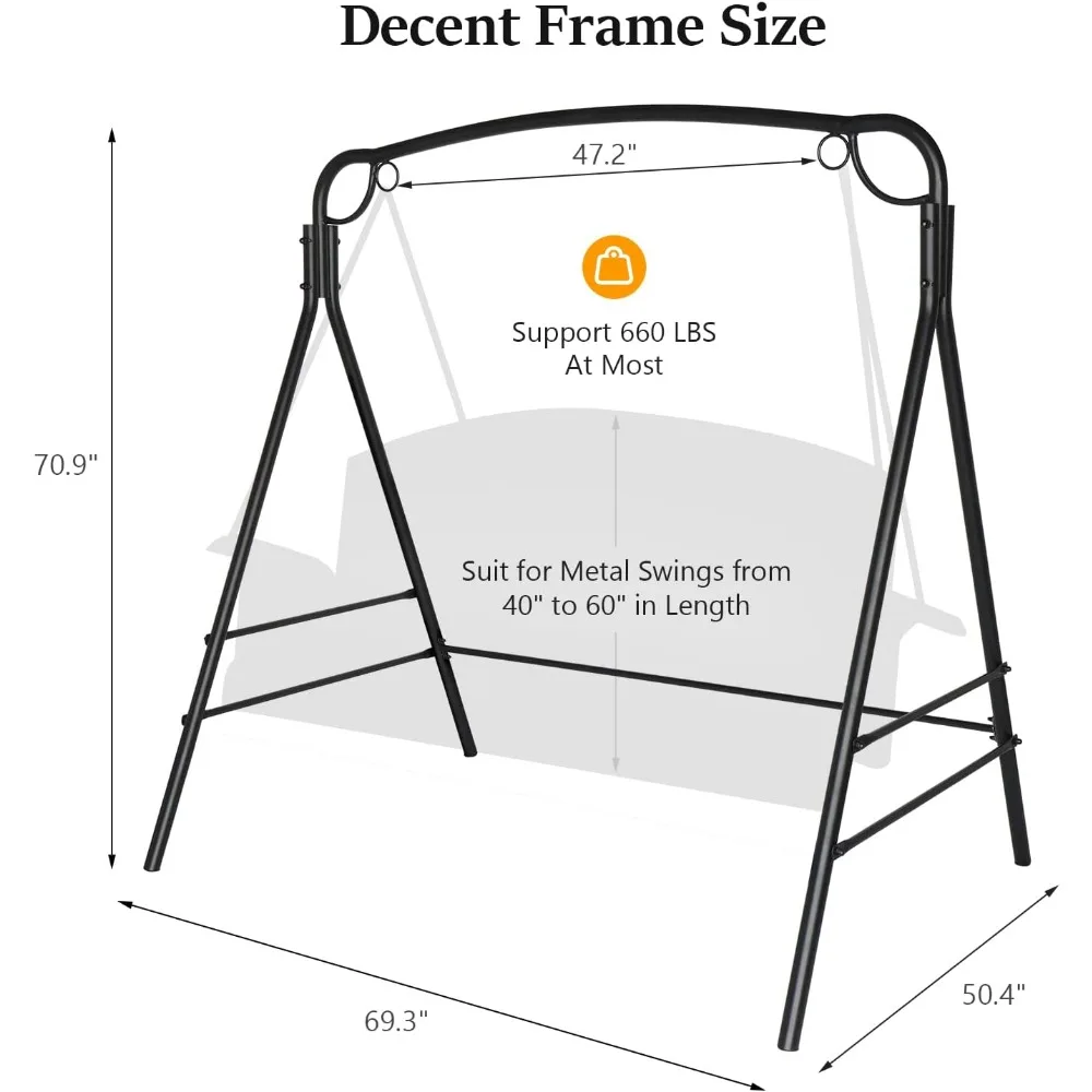 Upgraded Metal Porch Swing Stand with Black Finish, Heavy Duty 660 LBS Weight Capacity Steel Swing Frame with Extra Side Bars