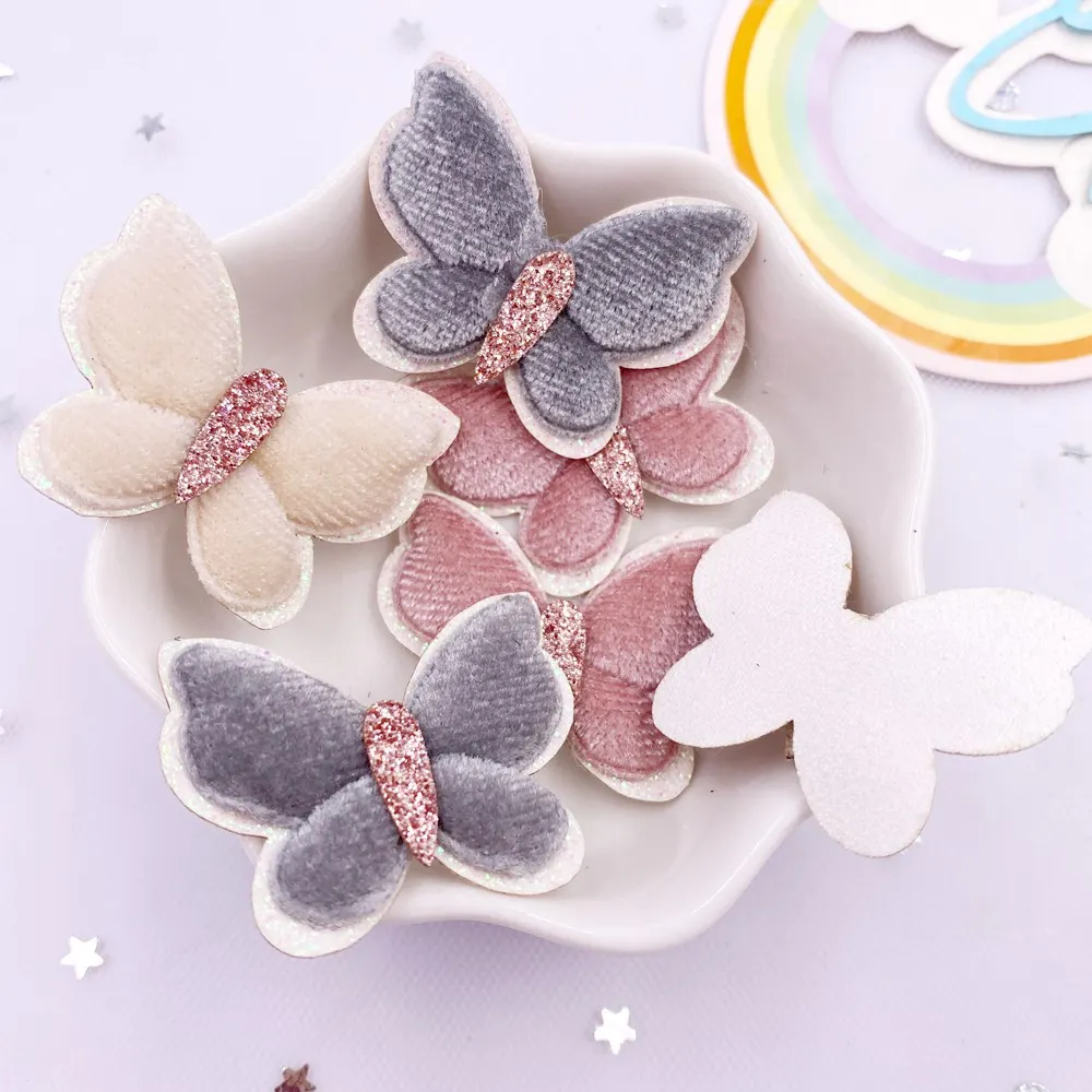 12pcs Colorful Glitter Flannelette Padded Fabric Butterfly  Applique Patchs Wedding Girl Hair Clip DIY Bow Craft Supplies XE814