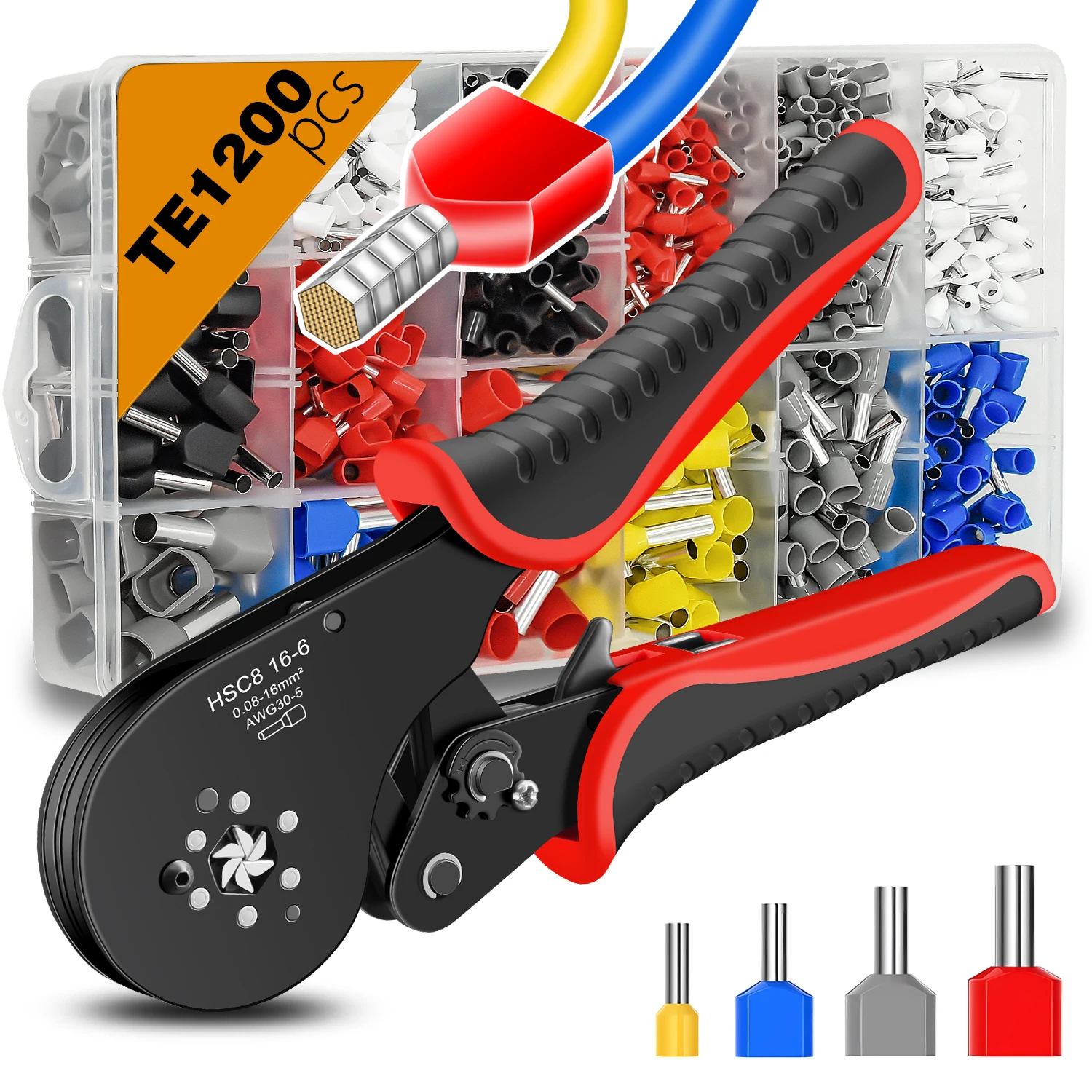 六角圧着ペンチ-自動調整式ワイヤーフェルール圧着工具キットセット-ワイヤーターミナル圧着コネクタ-ワイヤーエンドフェルール付き