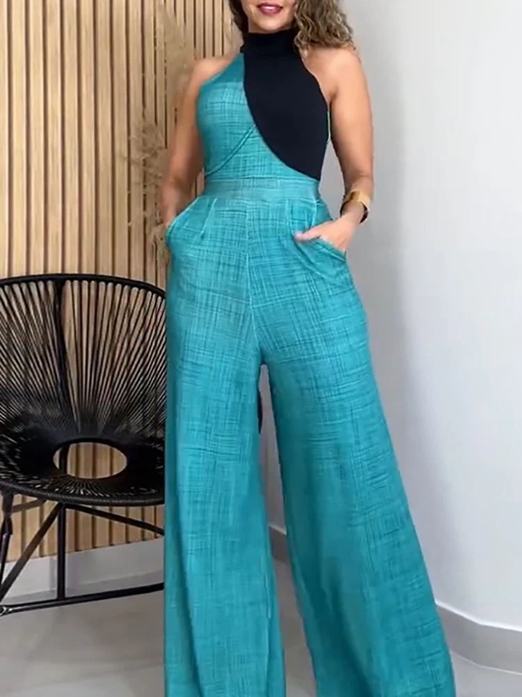 

Fashion High Waist Lady 2026 New Jumpsuit Casual Color Blocked Sleeveless Commuting Romper Summer Pocket Wide Leg Pants Playsuit