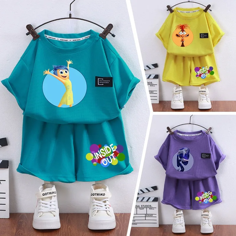 Disney Inside Out Children Clothing Sets Summer T-Shirts Shorts 2pcs Tracksuit Suit Anime Tees Tops Waffle Kids Clothes Outfit