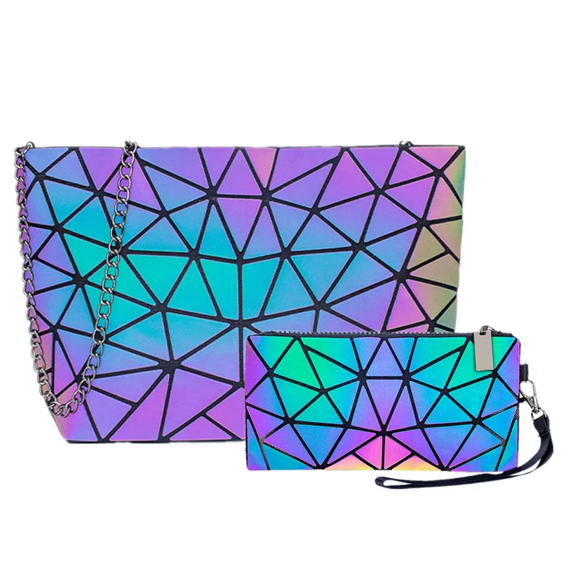 Luminous Chain Messenger Bag Set Fashion Holographic Geometric Folding Purse Women Shoulder Bag 2pcs