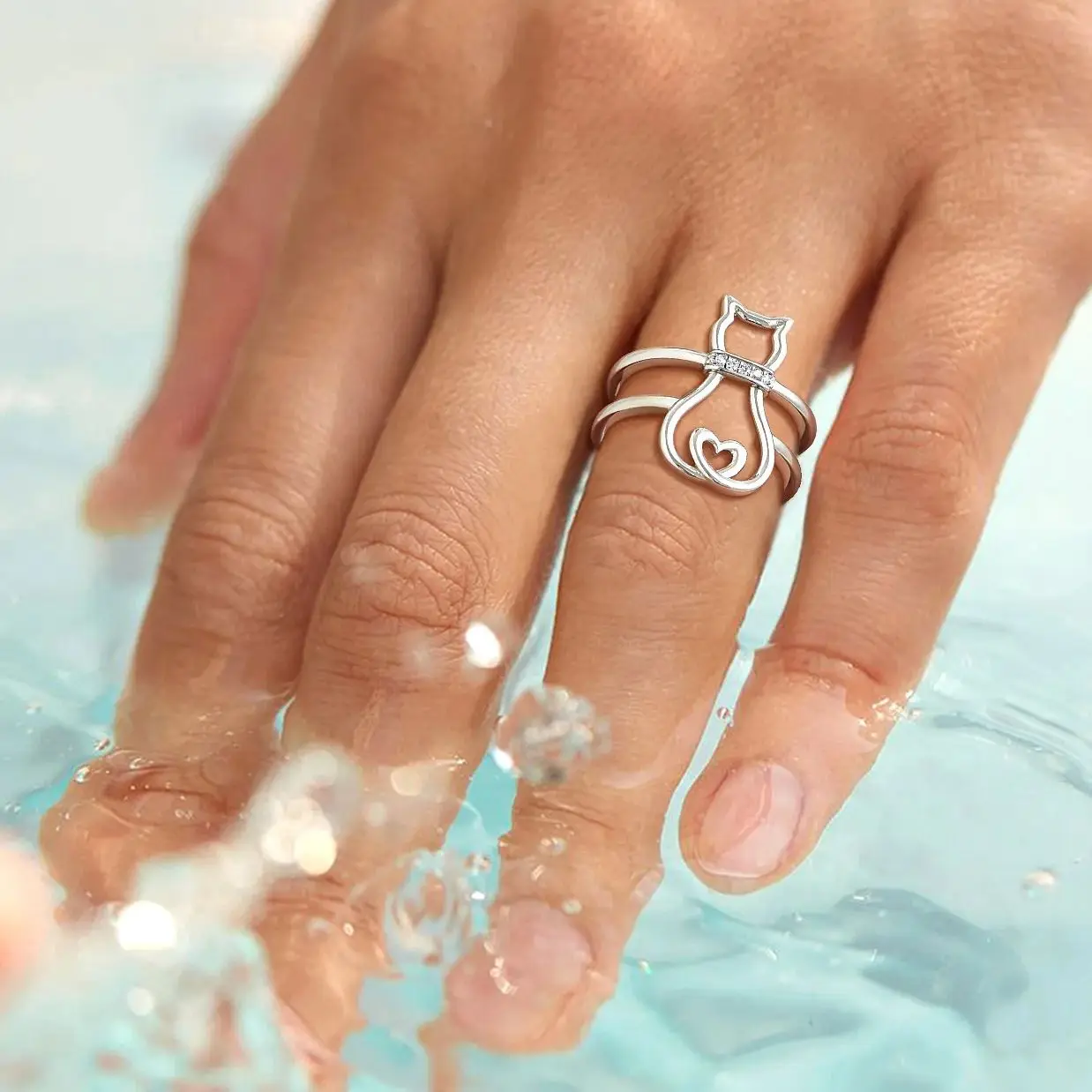 

U7 Стерлингового Серебра 925 пробы Милый Кот Кольцо Манжета Для Женщин Полумесяц Сердце Хвост Дизайн A++ CZ Открытое Кольцо Ювелирное Изделие Подарок для Кошачьего Персона