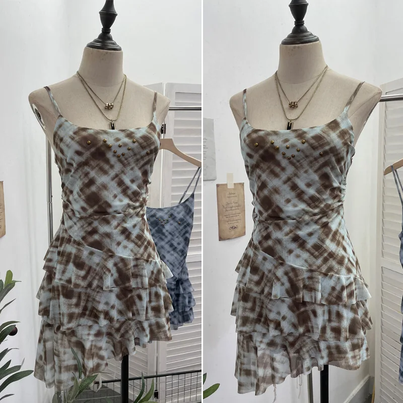 New Summer Women Mesh Riveted Irregular Hem Cami Mini Dresses Ruffle Trim Sleeveless Tank Vest Y2K Shirt Sexy Mesh Top1273