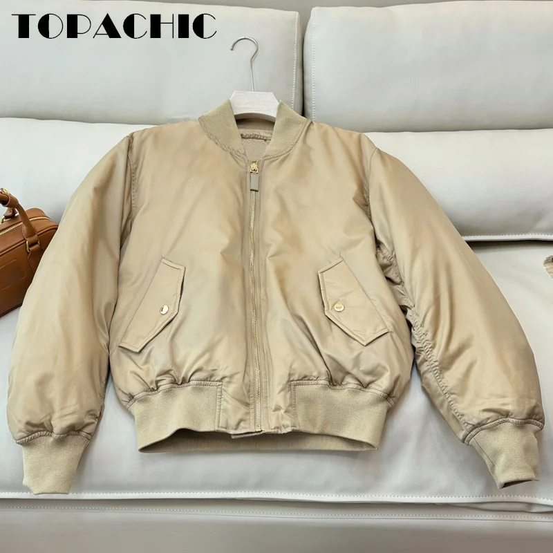 9.5 TOPACHIC-Women Letter Embroidery Down Zippper Jacket Stand Collar Spliced Ribbed Knit Hem Loose Thick Outerwear