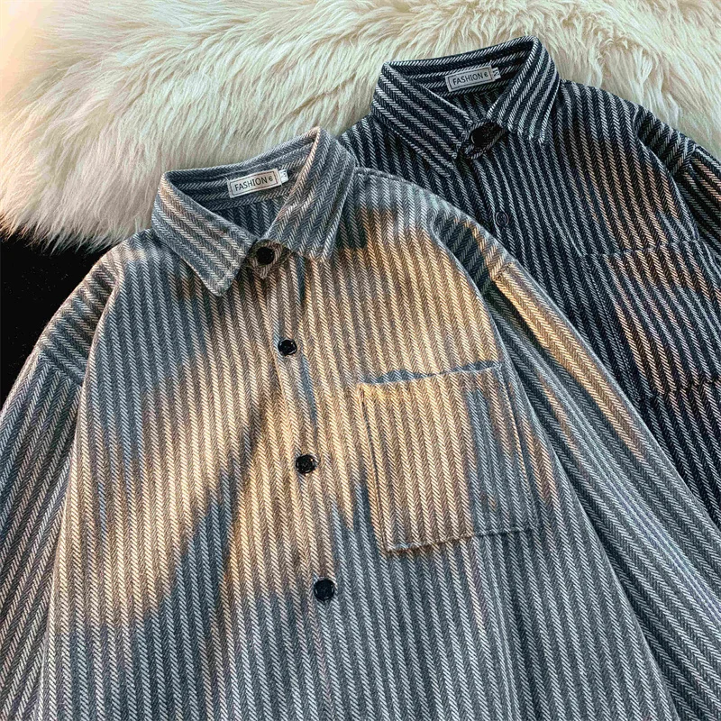 

Casual Loose Men's Long Sve Striped irt Trendy ket BF Drape Collar Leisure Jaet irt Color Blo Design Spring Autumn