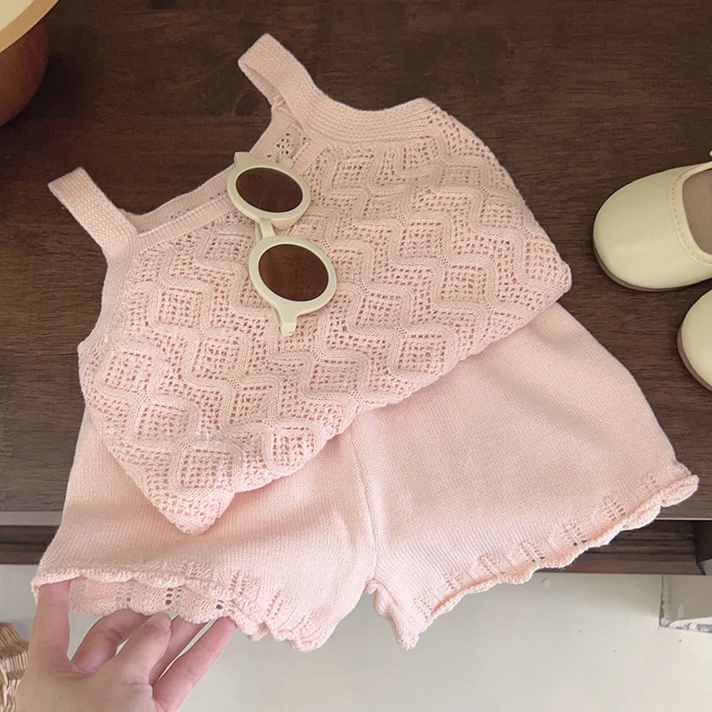 2024 New Summer 1-7Yrs Children Clothes Suit Sleeveless Solid Color Knitted Vest+Shorts Korean Style Baby Girls Clothing Set