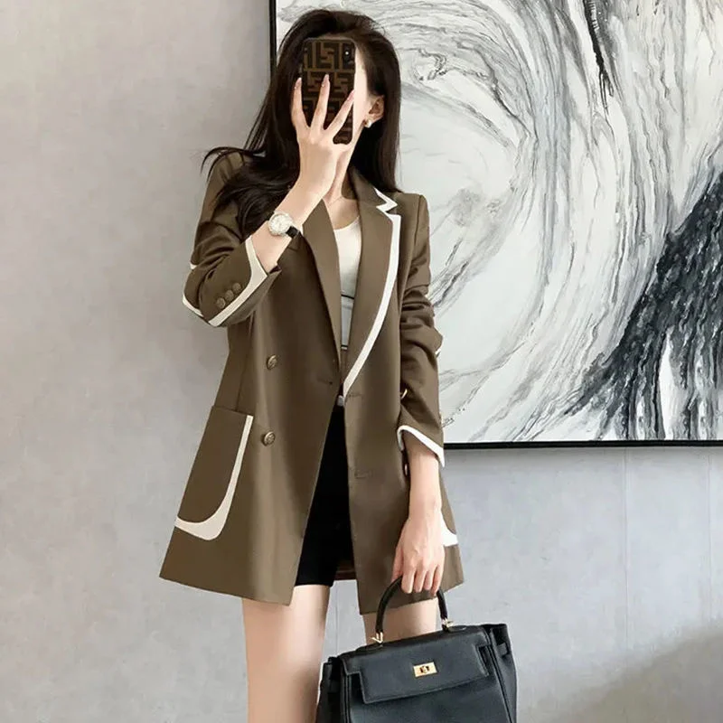 2024 Spring Autumn New Women\'s Blazer Korean Loose Double Breasted Color Matching Suit Coat Fashion Long Sleeve Female Jacket