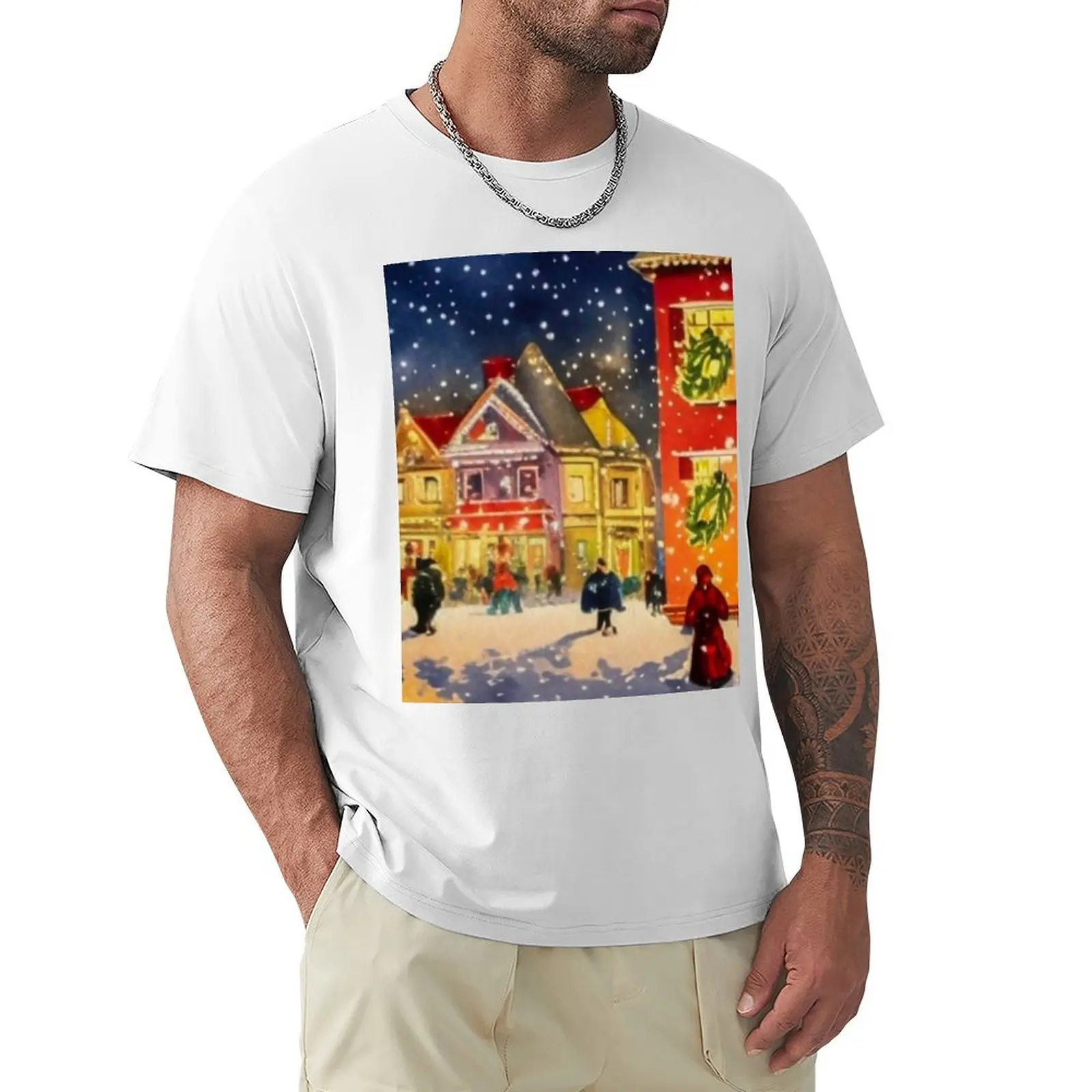 Vintage Painting Of Christmas Village in the Winter, Christmas Tree, Victorian Houses T-shirt customs plus sizes Men's t-shirts