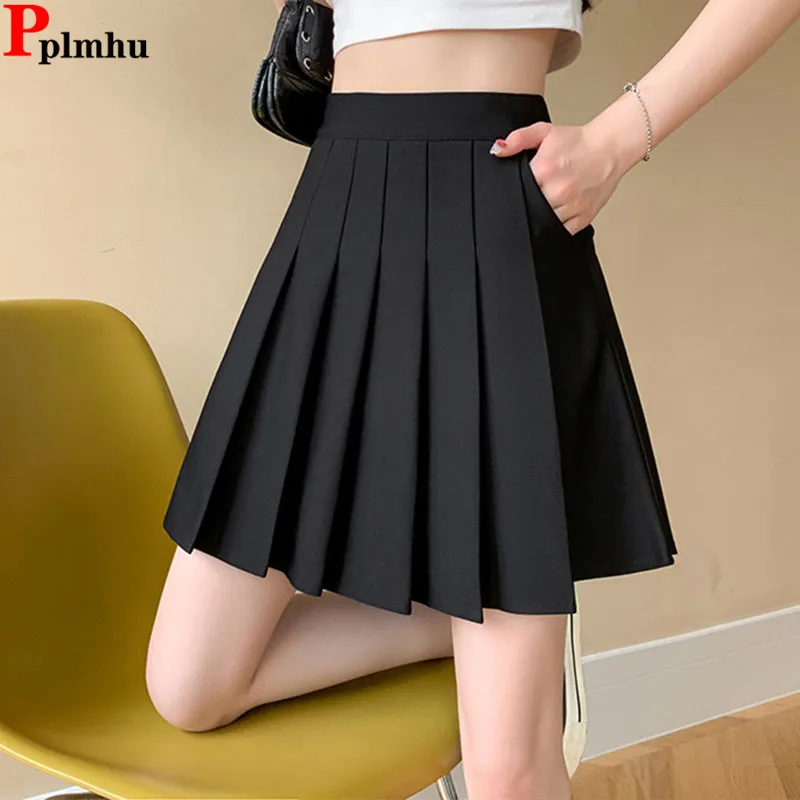 

Summer Pocket Design Black Pleated Skirt Korean Slim Elastic High Waist Faldas Women Fashion Casual Shorts Lined A-lined Saia