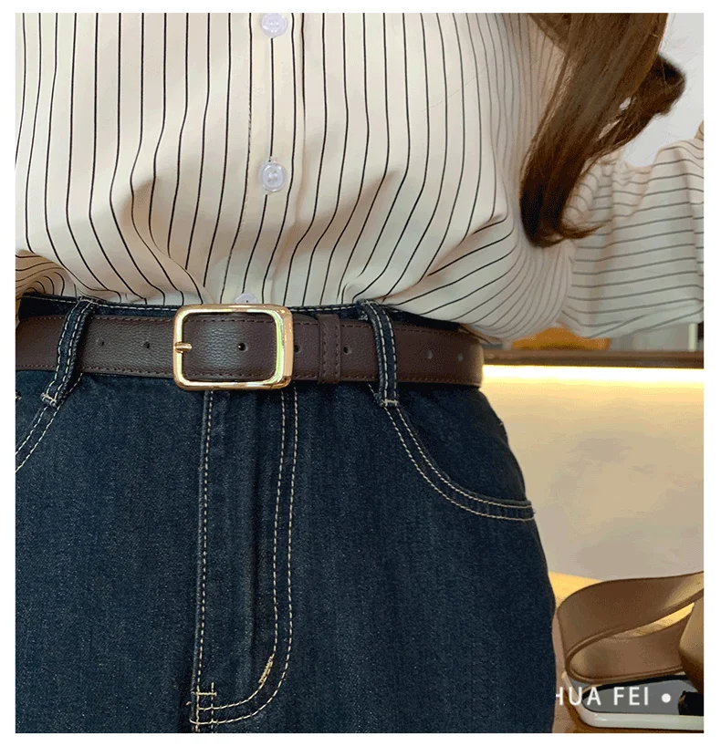 Women's Black Leather Belt Versatile High-End Retro Style Casual Waist Accessory for Jeans Summer Student Fashion
