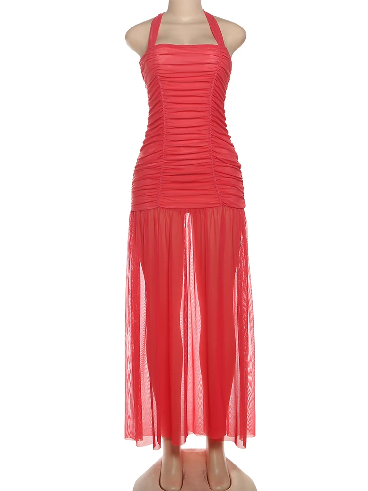 Nibber See Through Hem Dress Women Ruched Halter Summer Trend Sleeveless Backless Patchwork Midnight Clubwear Party Maxi Bodycon - Image 6