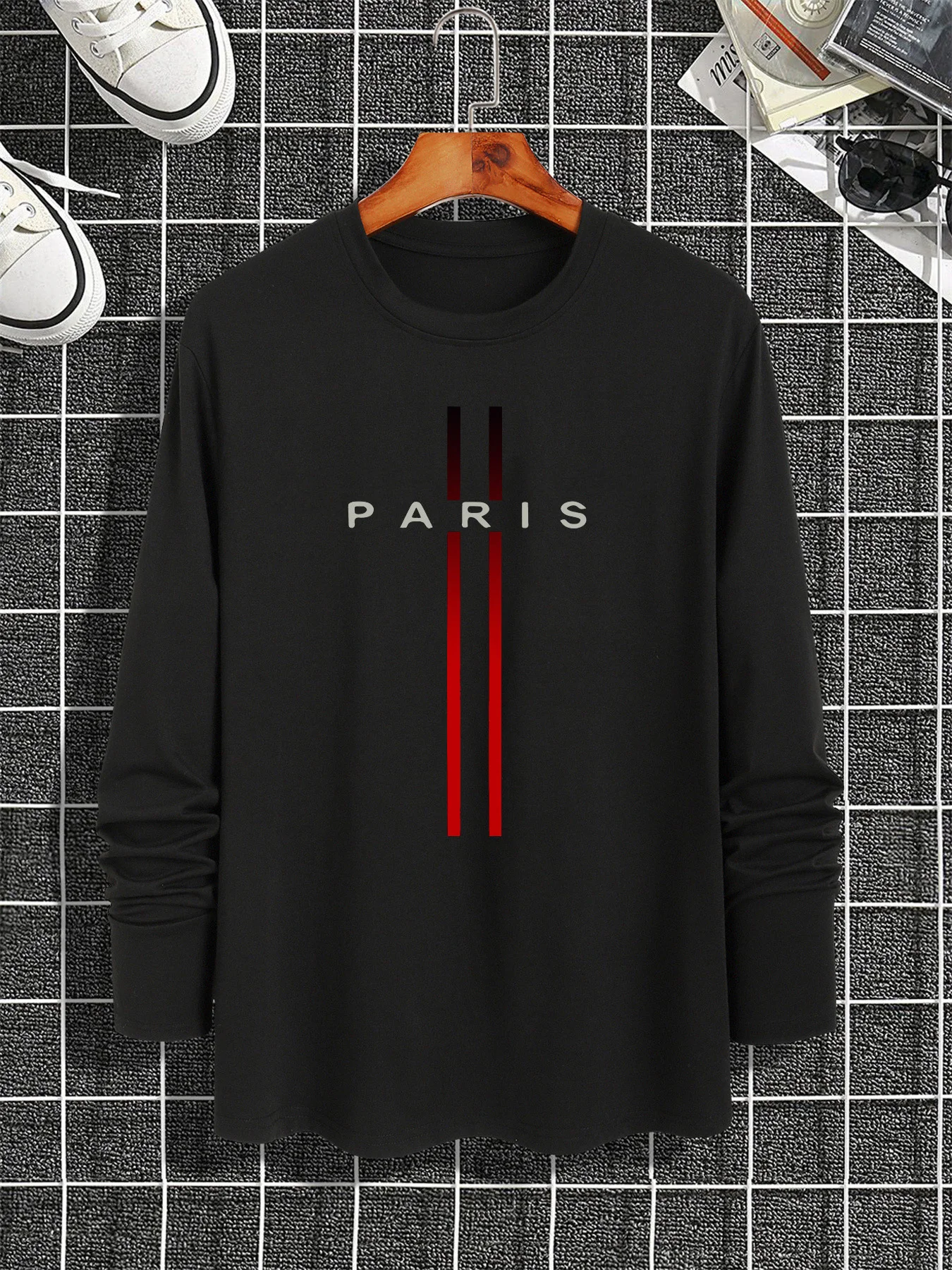 100% algodão puro masculino manga comprida em torno do pescoço solto casual paris padrão impresso primavera e outono versátil camiseta topo