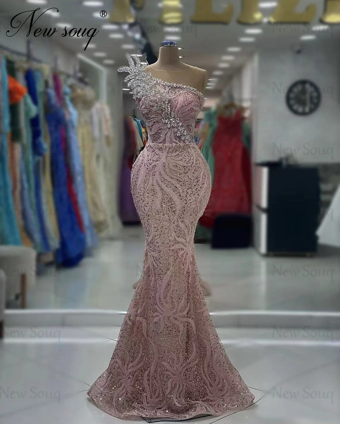 Dubai Design Pink Beads One Shoulder Party Dress Haute Coutures Mermaid Crystals Engagement Gowns Elegant Girls Evening Dresses