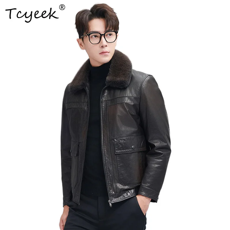 Tcyeek Top Layer Cowhide Goose Down Coat Real Leather Jacket Men Winter Clothing Mink Fur Collar Men's Motocycle Jackets Trendy