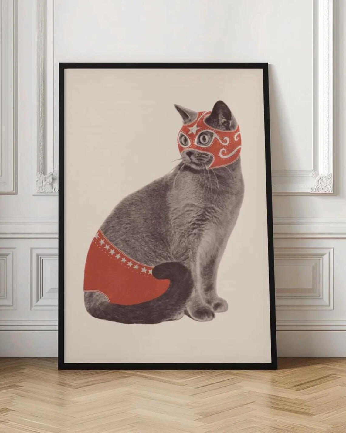 Whimsical Lucha Libre Cat Wall Art - Playful Contrast of a Sophisticated Grey Cat in a Bold Red Wrestler Outfit, Retro Aesthetic